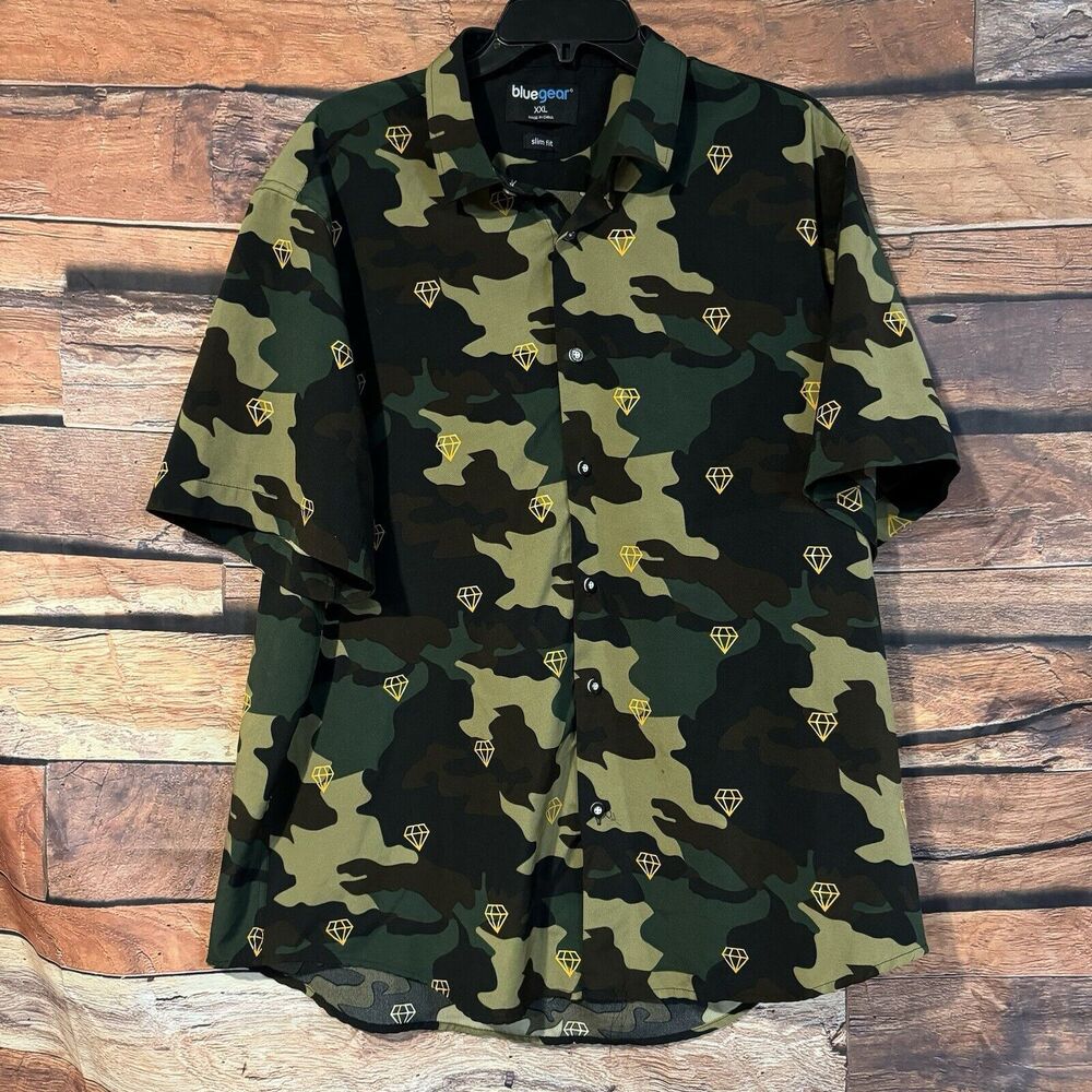 Blue Gear XXL Men's Camo Diamond Short Sleeve Button Up Shirt Hip Hop Urban
